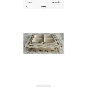 Holly Holiday Pedestal Platter W/Condiment Dishes Scalloped Edge VTG -RARE -HTF